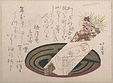 Tray with Noshi Paper (Noshi Indicates a Present), Totoya Hokkei  Japanese, Part of an album of woodblock prints (surimono); ink and color on paper, Japan