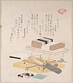 Seaweed Food and Kitchen Utensils, Kubo Shunman  Japanese, Part of an album of woodblock prints (surimono); ink and color on paper, Japan