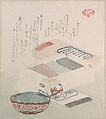 Cakes and Food Made of Seaweed, Kubo Shunman  Japanese, Part of an album of woodblock prints (surimono); ink and color on paper, Japan