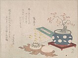 Bonsai Plum, Compass, and Pocket Sundial with Design of Calendar, from Spring Rain Surimono Album (Harusame surimono-jō, vol. 3), Ryūryūkyo Shinsai  Japanese, Privately published woodblock prints (surimono) mounted in an album; ink and color on paper, Japan