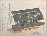 Roll of Cloth for an Obi and Tortoise-shell Hair Ornaments (“Presents for One’s Beloved”), from the Butterfly Series, from Spring Rain Surimono Album (Harusame surimono-jō, vol. 3), Ryūryūkyo Shinsai  Japanese, Privately published woodblock prints (surimono) mounted in an album; ink and color on paper, Japan