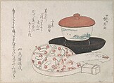 Teacup and Tea Heater, Ryūgetsusai Shinkō  Japanese, Part of an album of woodblock prints (surimono); ink and color on paper, Japan