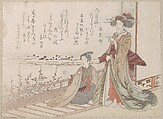Woman and Youth on a Verandah, Unidentified artist Japanese, 18th–19th century, Part of an album of woodblock prints (surimono); ink and color on paper, Japan
