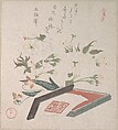 Cherry Blossoms and Seal-box with Ink and Ruler, Kubo Shunman  Japanese, Part of an album of woodblock prints (surimono); ink and color on paper, Japan
