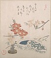 Peach Blossoms, a Seal and a Seal-box, Kubo Shunman  Japanese, Part of an album of woodblock prints (surimono); ink and color on paper, Japan