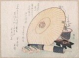 Umbrellas and Geta (Japanese Wooden Sandals), Ryūryūkyo Shinsai  Japanese, Part of an album of woodblock prints (surimono); ink and color on paper, Japan