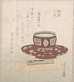 Teabowl and Powder Cake in a Tube, Sunayama Gosei  Japanese, Part of an album of woodblock prints (surimono); ink and color on paper, Japan