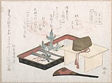 Crown on a Table, Lacquer Tray with Young Pine and Fan, Ryūryūkyo Shinsai  Japanese, Part of an album of woodblock prints (surimono); ink and color on paper, Japan