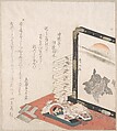 Screen and Miscellaneous New Year Presents, Ishikawa Kazan  Japanese, Woodblock print (surimono); ink and color on paper, Japan