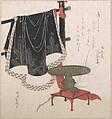 Flower Vase with Stand; Dress Hanging on a Clothesrack, Hachifusa Shūri Japanese, Part of an album of woodblock prints (surimono); ink and color on paper, Japan