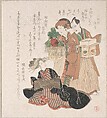 Actor Nakamura Utayemon with Two Women Preparing for the New Year Ceremony, Utagawa Toyokuni I (?) Japanese, Part of an album of woodblock prints (surimono); ink and color on paper, Japan