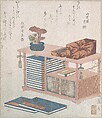 Books and a Bookcase, Keisai Eisen  Japanese, Part of an album of woodblock prints (surimono); ink and color on paper, Japan