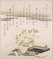 Branch with Cherry Flowers, Writing Box and Sheet of Paper for Poem Writing (Tanzaku), Unidentified artist Japanese, 18th–19th century, Part of an album of woodblock prints (surimono); ink and color on paper, Japan