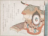 Dance Robe and Koto (Zither) Representing the Wealthy Man of Yahagi from the Jōruri Play Ushiwaka (Minamoto no Yoshitsune)

, Ryūryūkyo Shinsai  Japanese, Part of an album of woodblock prints (surimono); ink and color on paper, Japan