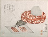 Seals and a Carved Lacquer Container for Seal Ink
, Kitao Shigemasa Japanese, Part of an album of woodblock prints (surimono); ink and color on paper, Japan