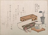 Utensils for the Incense Ceremony, “Incense Master” (Kōgiki), from the series An Array of Artisans

, Ryūryūkyo Shinsai  Japanese, Part of an album of woodblock prints (surimono); ink and color on paper, Japan