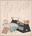 Pillow for Women and a Bowl, Totoya Hokkei  Japanese, Part of an album of woodblock prints (surimono); ink and color on paper, Japan