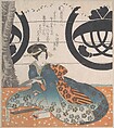 Woman Seated Under a Cherry Tree About to Write a Poem on a Sheet of Paper for Poem Writing (Tanzaku), Yashima Gakutei  Japanese, Part of an album of woodblock prints (surimono); ink and color on paper, Japan
