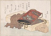 Lacquer Inrō with Waterbirds and Ox-shaped Netsuke in a Box
From the Spring Rain Collection (Harusame shū), vol. 3
, Totoya Hokkei  Japanese, Part of an album of woodblock prints (surimono); ink and color on paper, Japan