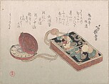 Dōran (Square Leather Box Used as an Inrō) with a Watch as a Netsuke
From the Spring Rain Collection (Harusame shū), vol. 3, Hokusen Taigaku  Japanese, Part of an album of woodblock prints (surimono); ink and color on paper, Japan