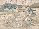 Flowering Cherry Trees Along the Yoshino River, Katsushika Hokusai  Japanese, Part of an album of woodblock prints (surimono); ink and color on paper, Japan