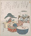 Utensils with Decorations for the New Year, Ryūryūkyo Shinsai  Japanese, Part of an album of woodblock prints (surimono); ink and color on paper, Japan