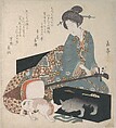 Woman Tuning a Shamisen and a Cat Looking at its Own Reflection

, Yashima Gakutei  Japanese, Part of an album of woodblock prints (surimono); ink and color on paper, Japan