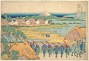 Fuji Seen in the Distance from Senju Pleasure Quarter (Senju kagai yori chōbō no Fuji), from the series Thirty-six Views of Mount Fuji (Fugaku sanjūrokkei), Katsushika Hokusai  Japanese, Woodblock print; ink and color on paper, Japan