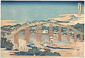 Yahagi Bridge at Okazaki on the Tōkaidō (Tōkaidō Okazaki Yahagi no hashi), from the series Remarkable Views of Bridges in Various Provinces (Shokoku meikyō kiran), Katsushika Hokusai  Japanese, Woodblock print; ink and color on paper, Japan