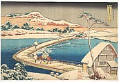 Old View of the Boat-bridge at Sano in Kōzuke Province (Kōzuke Sano funabashi no kozu), from the series Remarkable Views of Bridges in Various Provinces (Shokoku meikyō kiran), Katsushika Hokusai  Japanese, Woodblock print; ink and color on paper, Japan