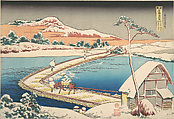 Old View of the Boat-bridge at Sano in Kōzuke Province (Kōzuke Sano funabashi no kozu), from the series Remarkable Views of Bridges in Various Provinces (Shokoku meikyō kiran), Katsushika Hokusai Japanese, Woodblock print; ink and color on paper, Japan