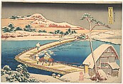 Old View of the Boat-bridge at Sano in Kōzuke Province (Kōzuke Sano funabashi no kozu), from the series Remarkable Views of Bridges in Various Provinces (Shokoku meikyō kiran), Katsushika Hokusai  Japanese, Woodblock print; ink and color on paper, Japan
