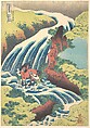 “The Waterfall Where Yoshitsune Washed His Horse at Yoshino in Yamato Province,” from the series A Tour of Waterfalls in Various Provinces, Katsushika Hokusai Japanese, Woodblock print; ink and color; vertical ōban, Japan