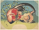 Rooster, Hen and Chicken with Spiderwort, Katsushika Hokusai Japanese, Woodblock print; ink and color on paper, Japan