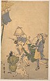 Three Revelers of the Lower Classes, Wearing Komuso Hats, with Small Boy and Dog, Kitagawa Utamaro  Japanese, Woodblock print; ink and color on paper, Japan