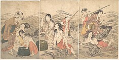 Girl Fishers and Bathers, Kitagawa Utamaro  Japanese, Triptych of woodblock prints; ink and color on paper, Japan