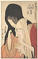 Jihei of Kamiya Eloping with the Geisha Koharu of Kinokuniya, from the series “True Feelings Compared: The Founts of Love” (Jitsu kurabe iro no Minakami), Kitagawa Utamaro  Japanese, Woodblock print; ink and color on paper, Japan