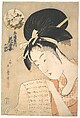 “The Courtesan Hanazuma Reading a Letter,” from the series Beauties Compared to Flowers (Bijin hana awase), Kitagawa Utamaro  Japanese, Woodblock print; ink and color on paper, Japan