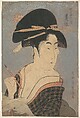 Portrait of Toyozumi of Chojiya House, Writing a Letter, Eiju Japanese, Woodblock print; ink and color on paper, Japan