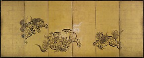Bugaku Dances (front); Chinese Lions (reverse), Hanabusa Itchō (Japanese, 1652–1724), Pair of six-panel screens; ink, color, and gold leaf on paper , Japan