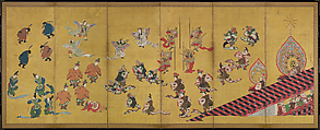 Bugaku Dances (front); Chinese Lions (reverse), Hanabusa Itchō (Japanese, 1652–1724), Pair of six-panel screens; ink, color, and gold leaf on paper , Japan