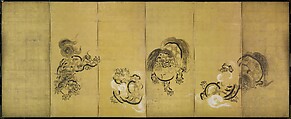 Bugaku Dances (front); Chinese Lions (reverse), Hanabusa Itchō (Japanese, 1652–1724), Pair of six-panel screens; ink, color, and gold leaf on paper , Japan