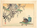 Two Pilgrims Gazing at a Tree Festooned with Prayers, Shibata Zeshin  Japanese, Woodblock print; ink and color on paper, Japan