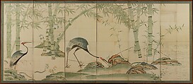 Cranes, Pines, and Bamboo, Ogata Kōrin (Japanese, 1658–1716), Pair of folding screens; ink and color on paper, Japan