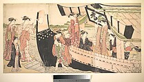 Women Landing from a Pleasure Boat Drawn Up to the Shore at Mukojima on Sumida RIver, Edo, Torii Kiyonaga  Japanese, Triptych of woodblock prints; ink and color on paper, Japan
