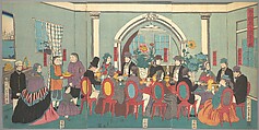 Foreigners from the Five Nations Enjoying a Banquet, Utagawa Yoshikazu  Japanese, Triptych of woodblock prints; ink and color on paper, Japan