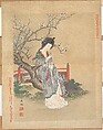 Chinese Beauty Beside a Plum Tree, leaf from the album “A Contest of Beauties from the Near and Distant Past” (Chūko shomeika bijin kurabe), Genki (Komai Ki)  Japanese, Woodblock print; ink and color on paper, Japan