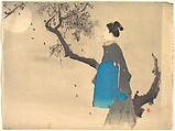 Profile View of a Woman Strolling in the Moonlight, Unidentified artist, Woodblock print; ink and color on paper, Japan