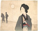 Young Woman Looks at Silhouette of a Male Prisoner being Led Away, Tomioka Eisen Japanese, Woodblock print; ink and color on paper, Japan