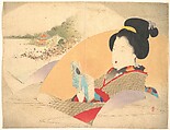 Beauty Looking at Shinobazu Pond",  illustration from Bugei Kurabu (Literary Club), Watanabe Seitei (?) Japanese, Woodblock print; ink and color on paper, Japan
